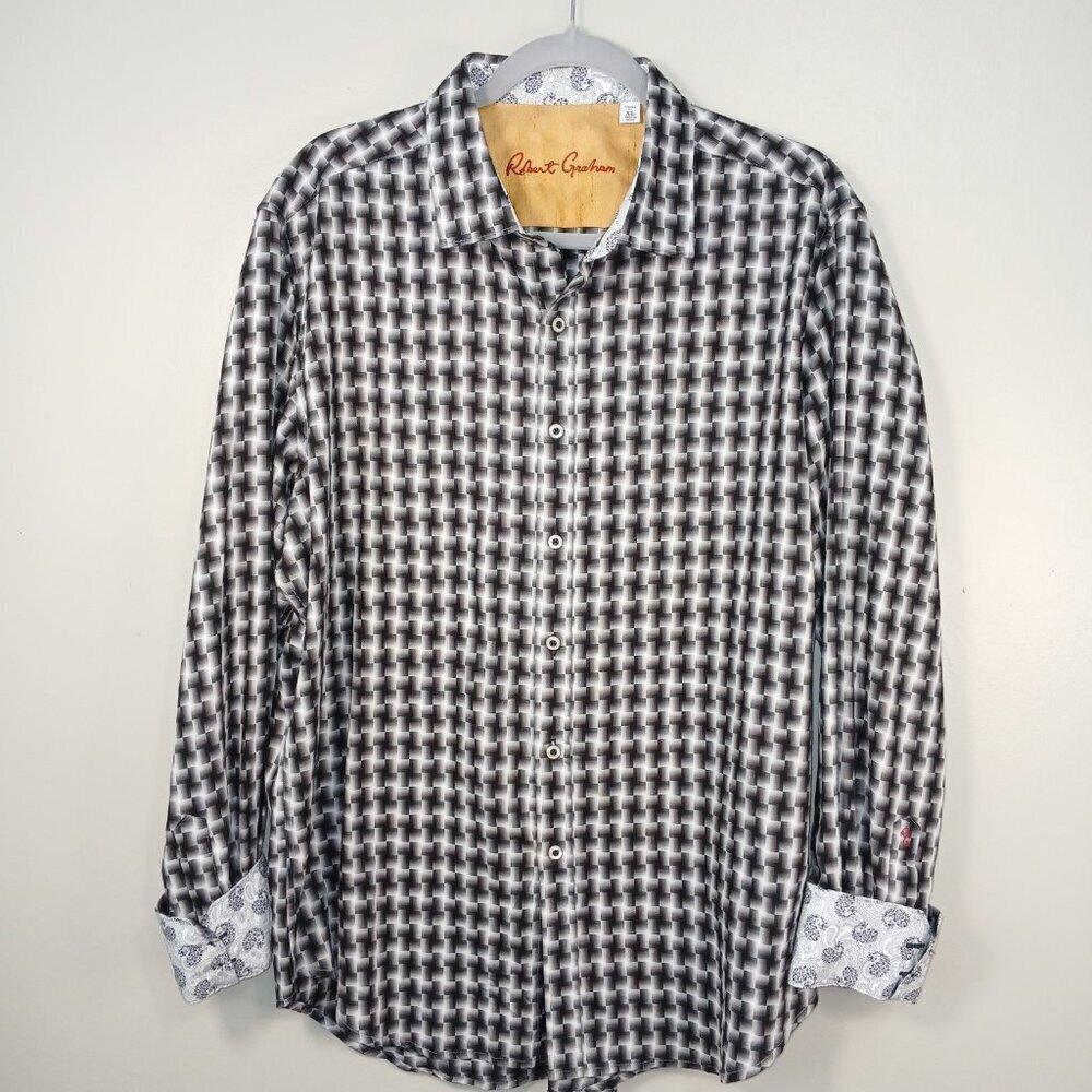 ROBERT GRAHAM BLACK WHITE HOUNDSTOOTH PAISLEY BUTTON DOWN PREPPY MENS XL EUC